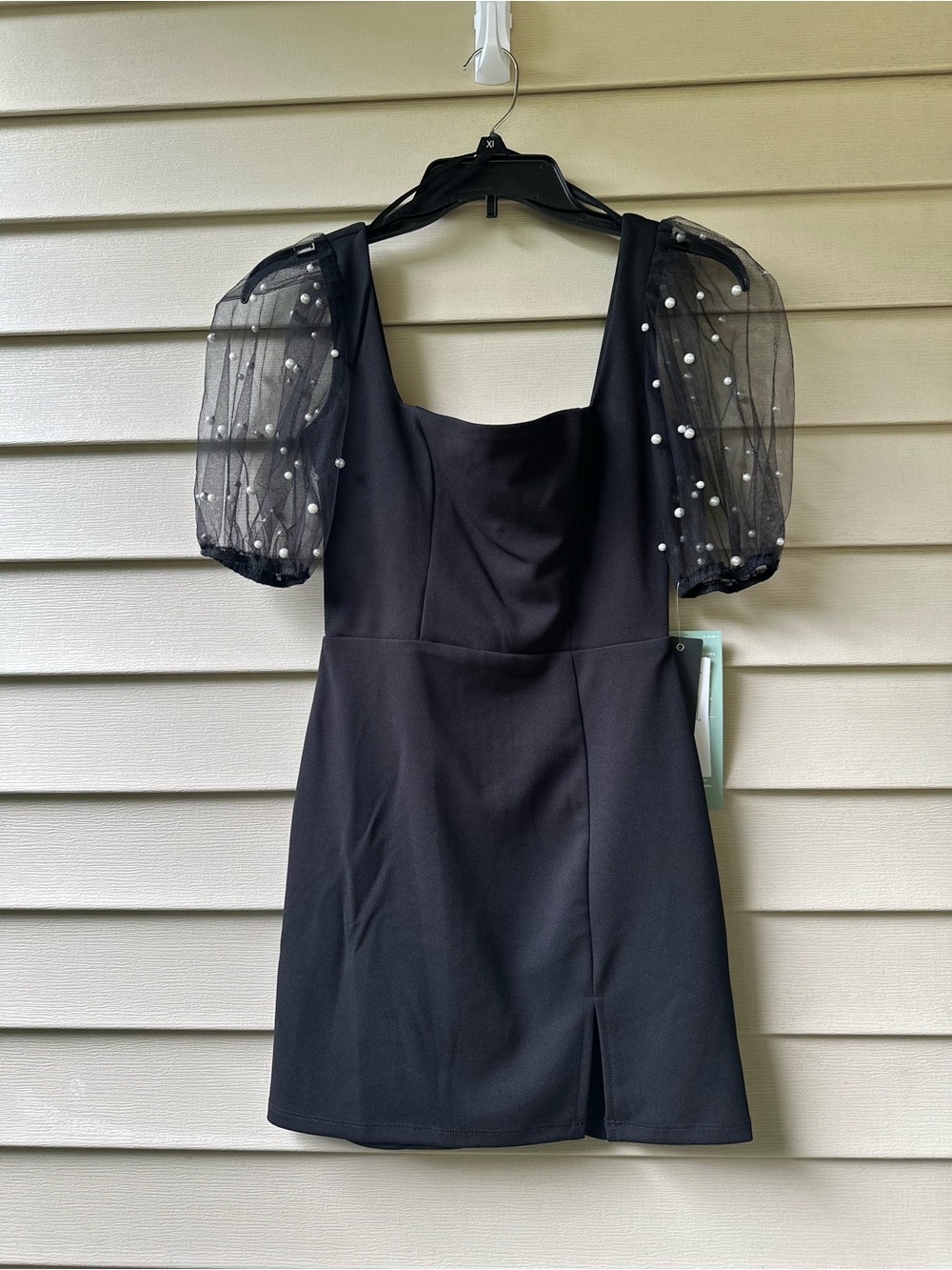 jcpenney Black Mini Dress with Pearl-Studded Sheer Puff Sleeves